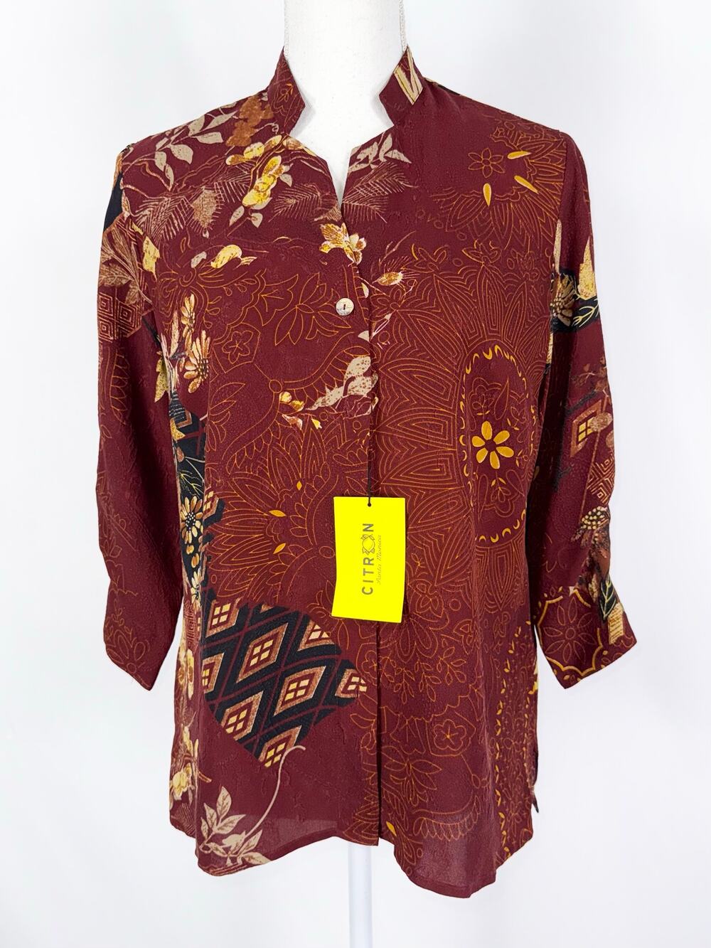 Citron Santa Monica Boho Artsy Mixed Print 100% Silk Blouse Women's Med Pet Red